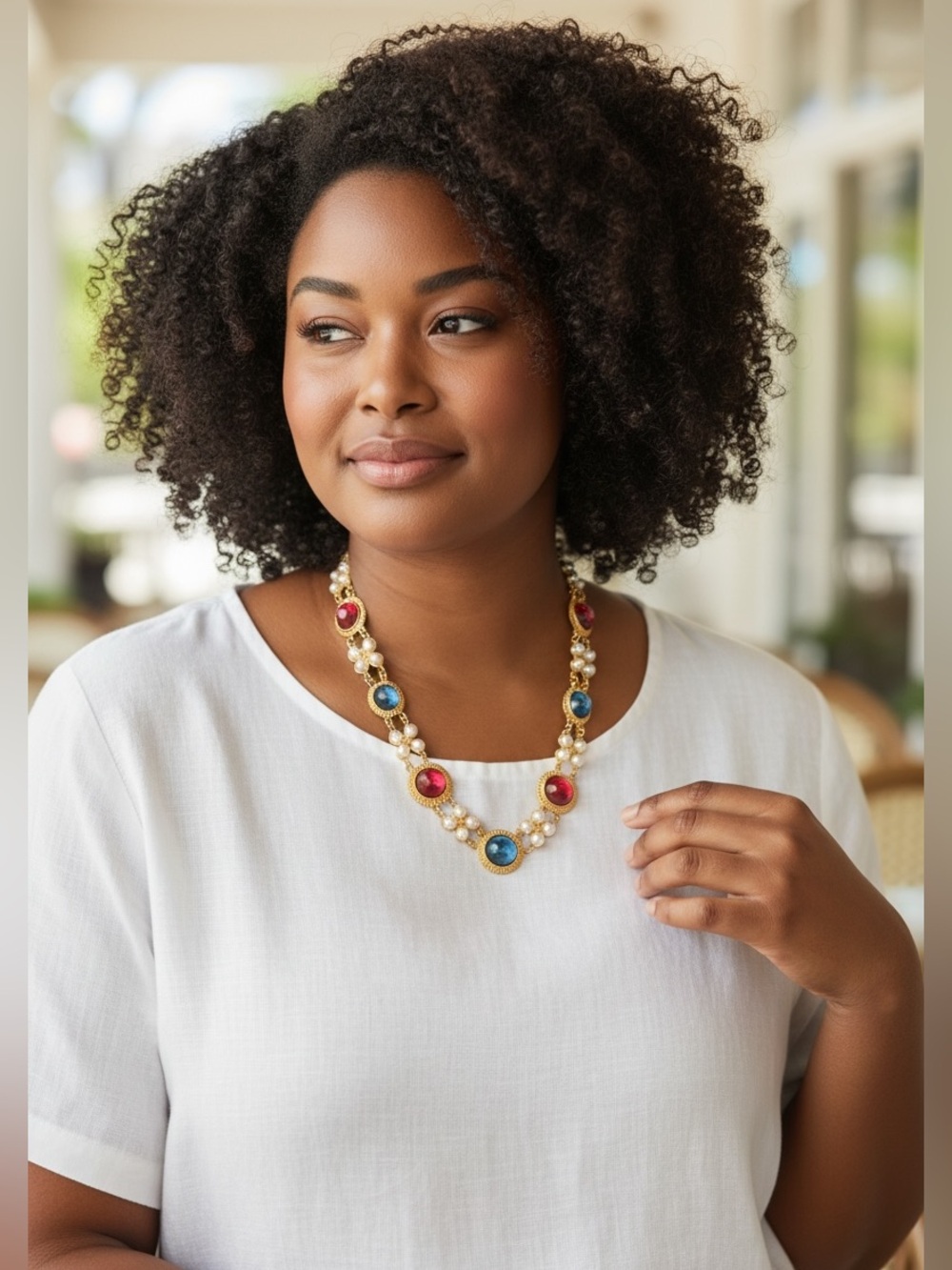 Gold-Tone Pearl Necklace with Blue and Pink Cabochons